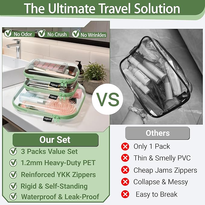 YQBRAO 3-Pack Clear Hard Shell Zipper Case Green, 1.2mm Heavy-Duty Crush-Proof Travel Makeup Bag, TSA Approved Clear Zipper Pouches, Rigid Toiletry & Diaper Bag Organizer for Tech, Toys & Art Supplies