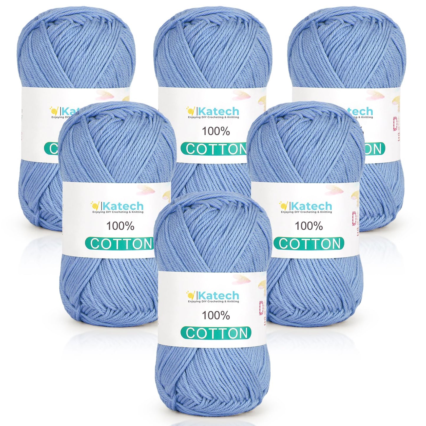 Katech Pure Cotton Yarn for Crocheting & Knitting–Soft Sport Weight CYC #2, 6 Skeins (50g Each, 300g Total), Ideal Crochet Yarn for Dishcloths, Baby Clothes, Socks, Lightweight Scarves（Light Blue）