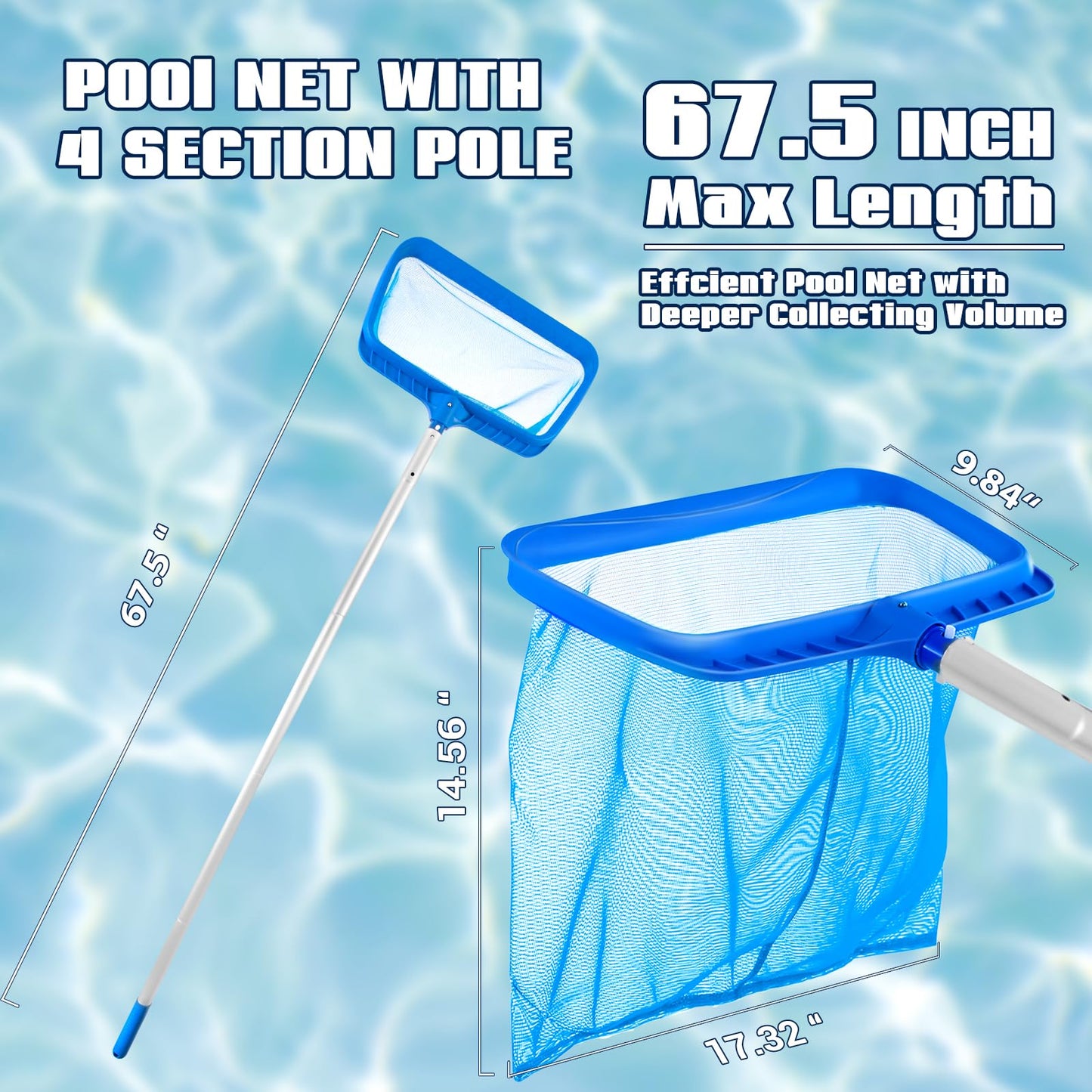 Pool Skimmer - Pool Net with Pole, 4 Section, 26.4"-66.5" Thick Adjustable Telescopic Pole & Fine Mesh Pool Skimmer Net,Larger Capacity Pool Nets for Cleaning, Durable Deep Rake Pool Net Skimmer