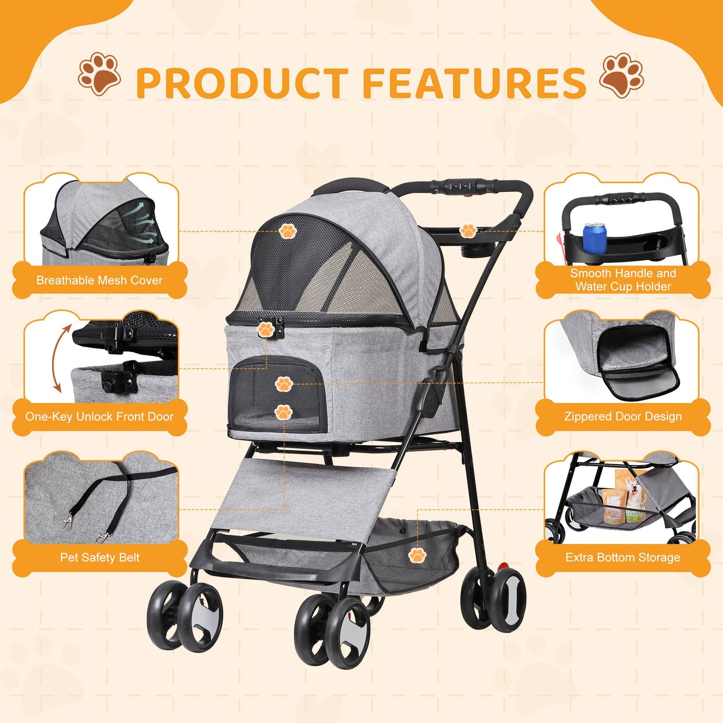 ZENY Pet Stroller, 3 in1 Foldable Dog Cat Jogger Stroller with 4 Wheels, Detachable Basket and Cup Holder, Travel Folding Carrier for Small/Medium Pet (Gray)