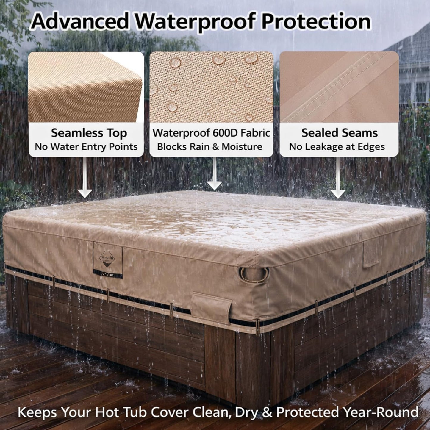 QH.HOME Hot Tub Cover Replacement 85"x85", Waterproof & Weatherproof 600D Polyester Spa Cover for Hot Tub, UV Resistant, Windproof with Ratchet Strap System, Fits 84 x 84, 82 x 82 or 81 x 81 Square