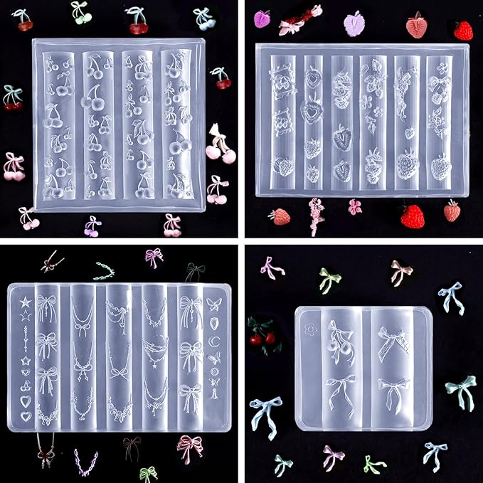 Laza 4pcs Silicone Nail Art Molds, Acrylic 3D Strawberry Bowknot Cherry Nail Charms Molds Clear Modeling Templates Fruit Pattern Nail Tools with Sculpture Pen for Salon Nail Design Resin Epoxy DIY