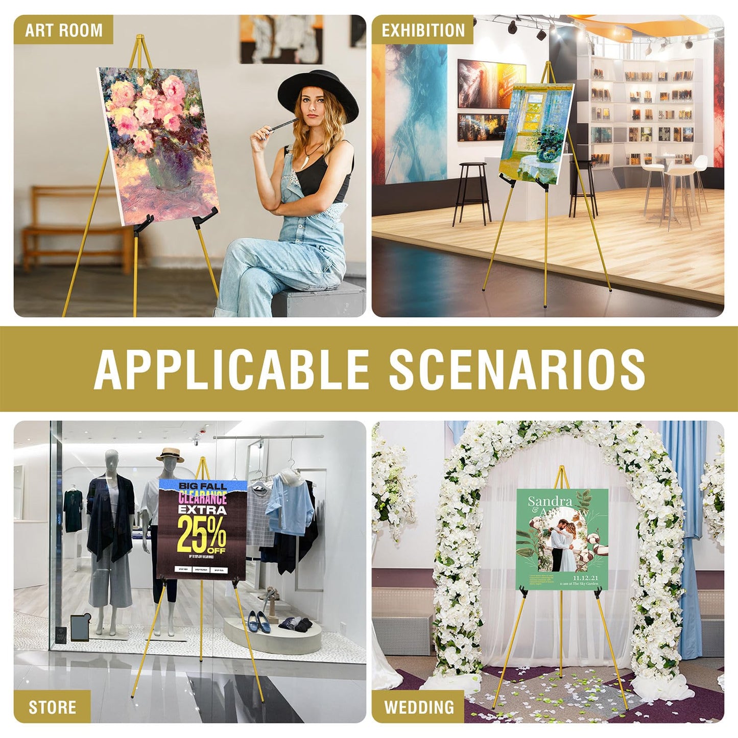 SunyesYoon Display Golden Easel Stand - 63" Artist Instant Tripod Collapsible Portable Floor Easel - Adjustable Art Poster Easy Folding Metal Stand for Display Show, Wedding, Painting