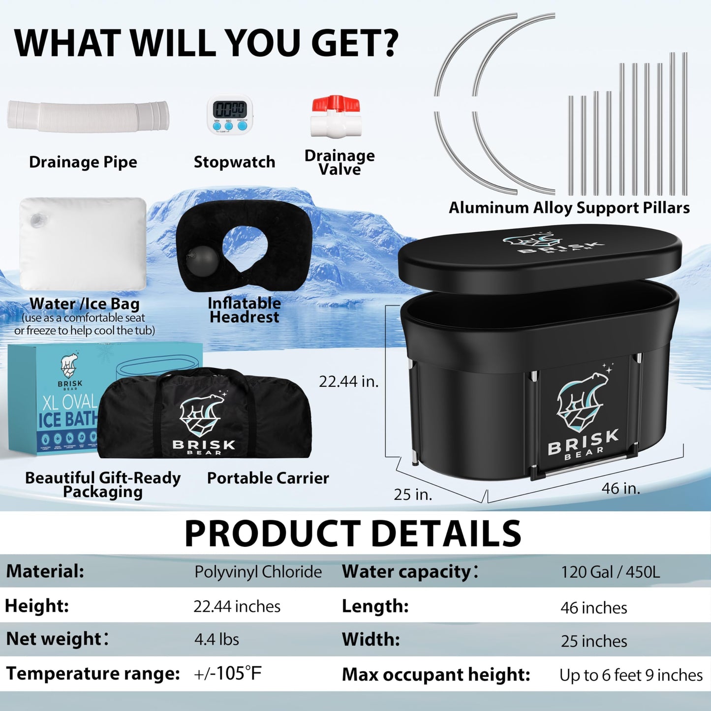 XL Oval Ice Bath Tub for Athletes with Cover by Brisk Bear - Extra Large Cold Plunge Tub for Recovery - Ice Bath Plunge Pool with Digital Timer - Cold Plunge to Soothe Muscles - Black Ice Tub