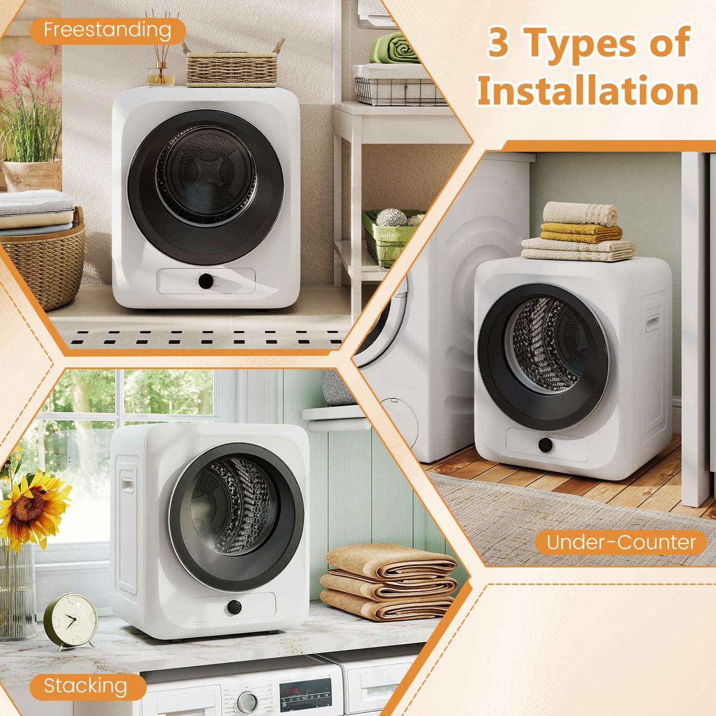 VCJ Portable Clothes Dryer for Apartment, 1.5 Cu.ft Compact Mini Electric Dryer with 5 Drying Modes, Stainless Steel Tub, Simple Knob Control, Dryer Machine for Dorm, RV, Small Space