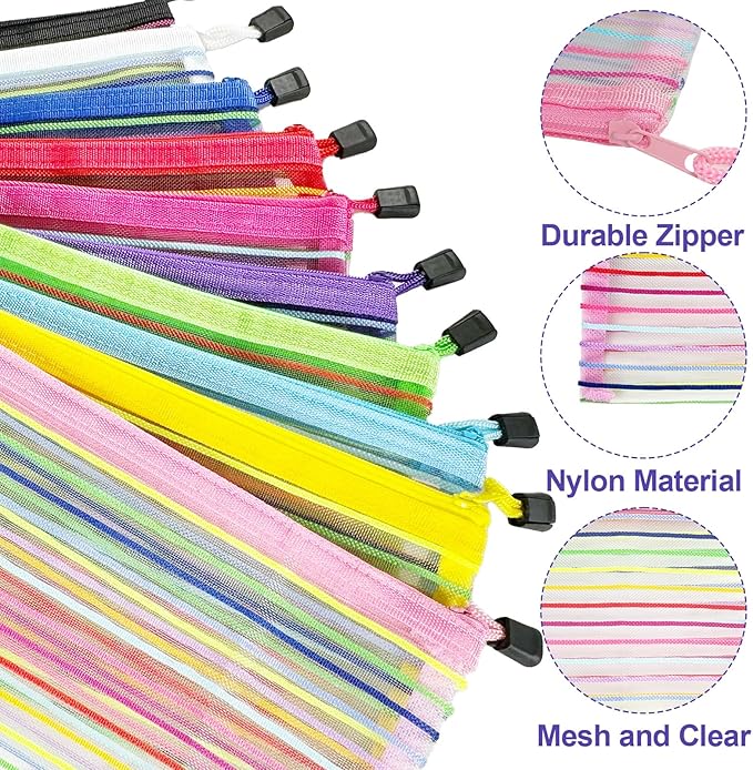 Mesh Bags with Zipper (10 Pack), Small Nylon Makeup Bag Cosmetic Pouches Travel Organizer for Purse Diaper Bag Home Organizing Striped Mix 10 Colors