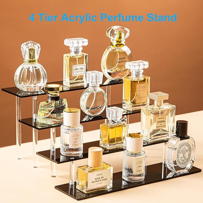 HENABLE 4 Tier Perfume Organizer Stand, Acrylic Risers Display Stands, Display Risers, Perfume Shelf Dessert Display for Party, Figure Stand Funko POP Shelves, Black Cupcake Stand Holder