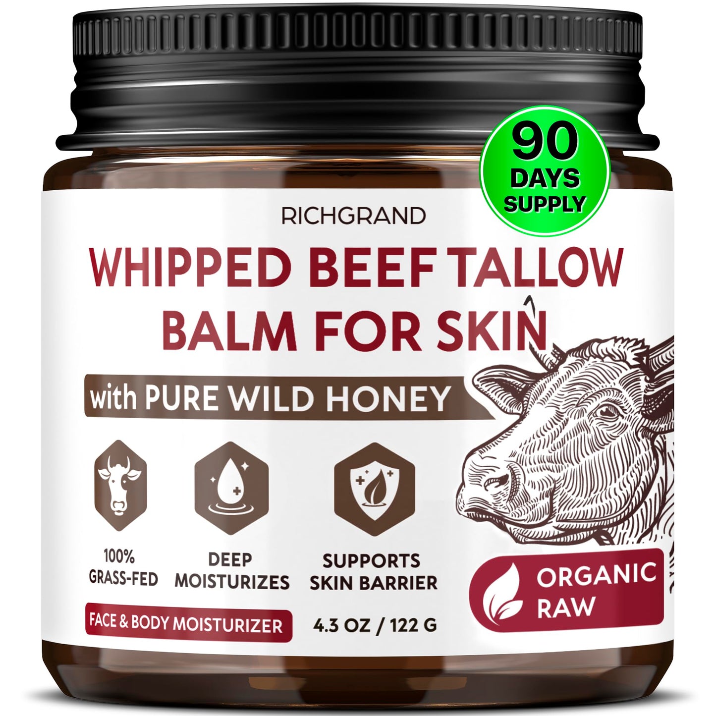 RICHGRAND Beef Tallow for Skin - Whipped Tallow and Honey Balm - Grass Fed Beef Tallow for Face, Daily Moisturizer & Body Butter - Natural Non Comedogenic Skincare (4.3 oz)