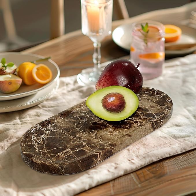 YMXYJM Genuine Real Natural Marble Tray for Bathroom, Luxury Dark Brown Stone Vanity Tray, Decorative Oval Trays for Countertop Storage, Vanity, Dresser, Kitchen, Home Decor, 11.8" x 6", Brown