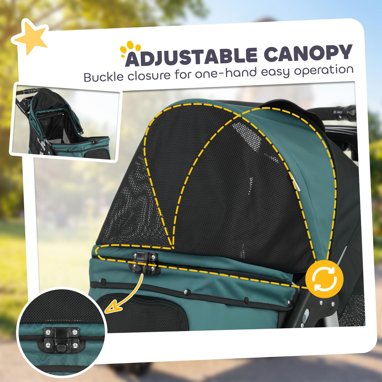 PawHut Dog Stroller for Small Dogs, 3 Wheel Foldable Pet Stroller with 12" Rubber Wheels, Mesh Window, One-Foot Brake, Storage Basket and Cup Holder, Up to 22 LBS, Dark Green