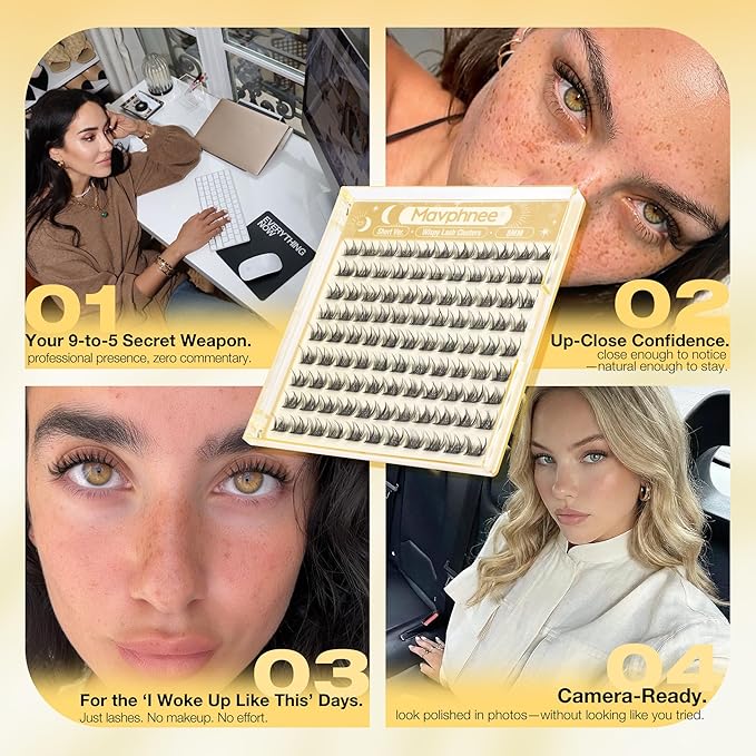 Wispy Lash Clusters 8MM Only Eyelash Extensions Natural Individual Lashes with CC Curl and Flexible Clear Band for DIY Cluster Eyelash Extensions at Home - No Makeup, Clean Makeup, Soft Glam