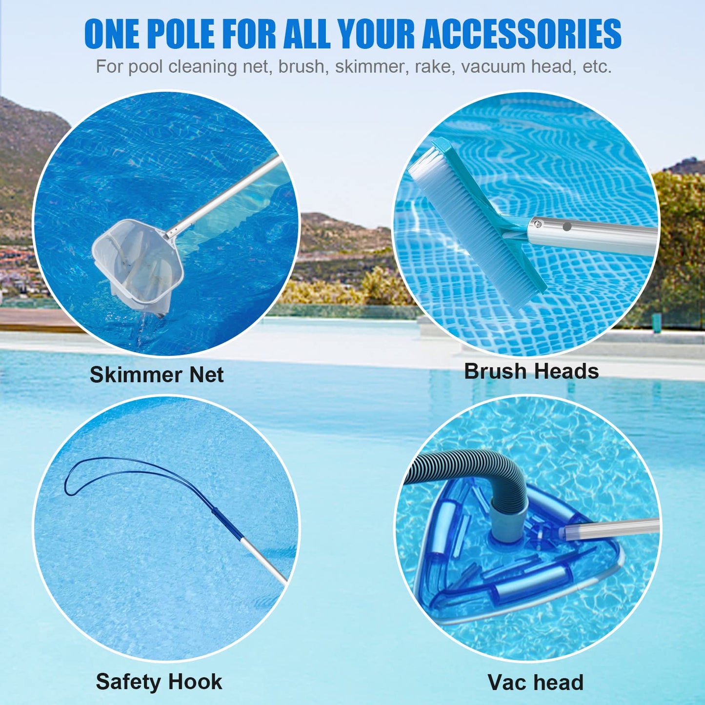 POOPLE Professional 16 Foot Telescopic Aluminum Swimming Pool Pole - Attach Connect Skimmer Nets, Rakes, Brushes, Vacuum Heads Cleaning