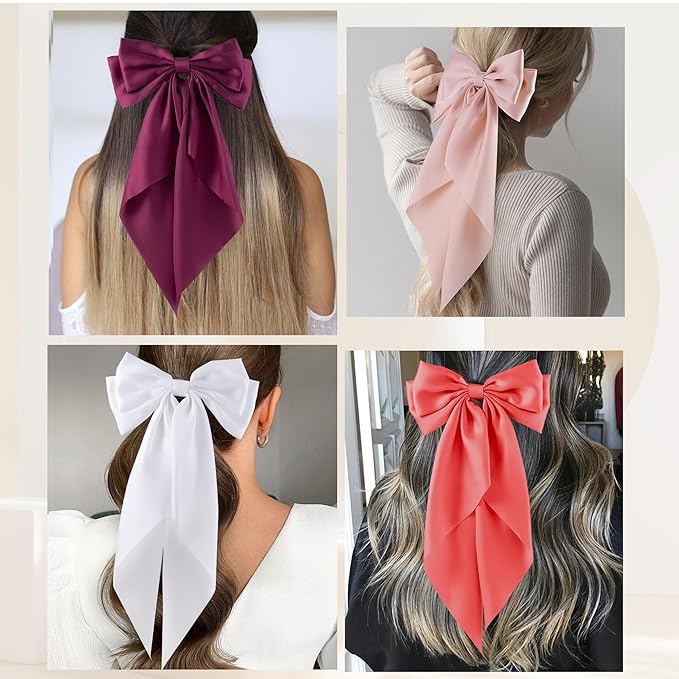 6Pcs Large Bows Hair Clips for Women Girls Long Tail Hair Ribbon Silky Satin Barrettes Coquette Bows Accessories (Pink/Peach/Wine Red/White/Black)