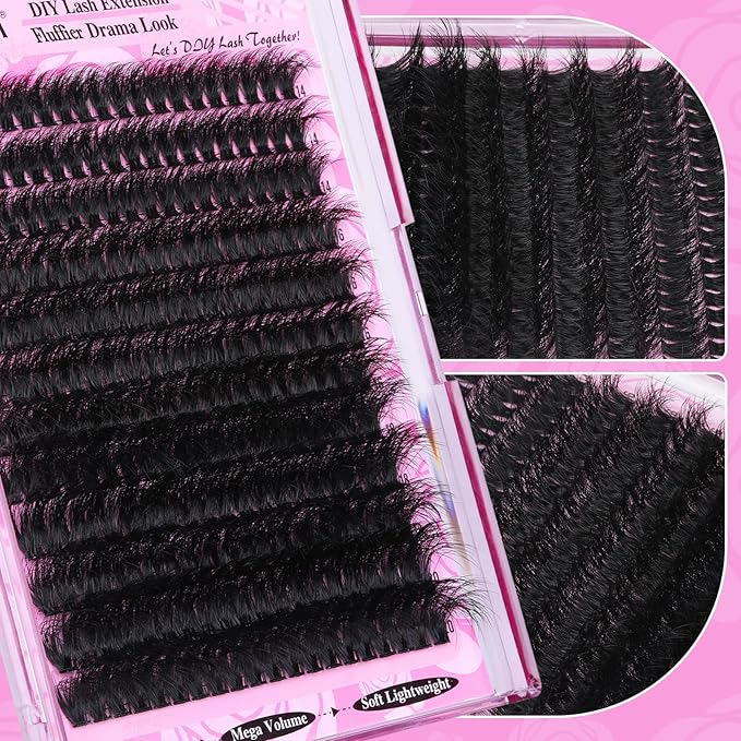 Yawamica Fluffy Lash Clusters Thick 200D Volume Eyelash Clusters 14-20mm Wispy Individual Lashes D Curly Cluster Eyelash Extensions 240pcs DIY Lash Extension for Beginners