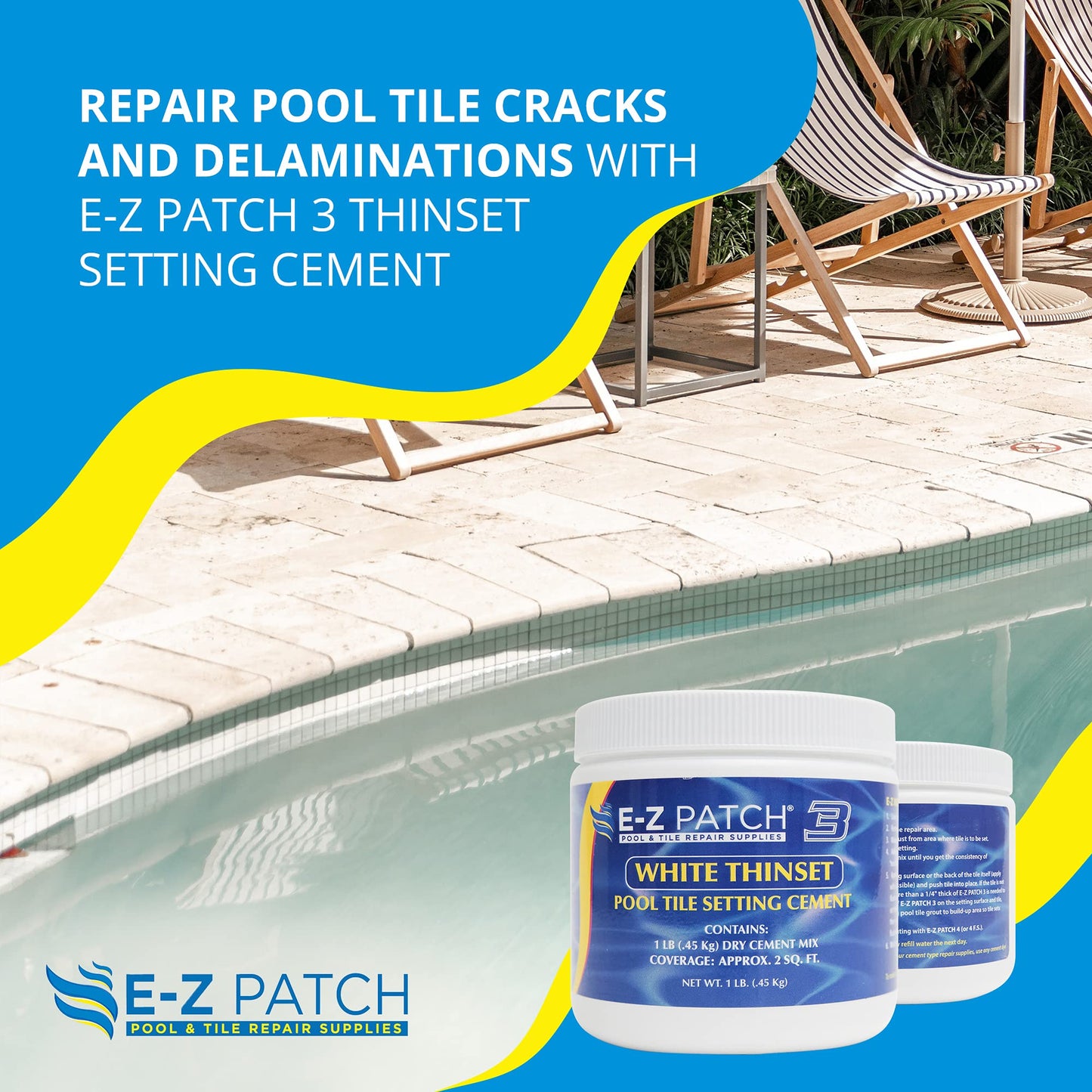 E-Z Patch 3 Pool Tile Thinset Cement for Repairs - Color Adjustable Pool Tile Adhesive (1 lb)