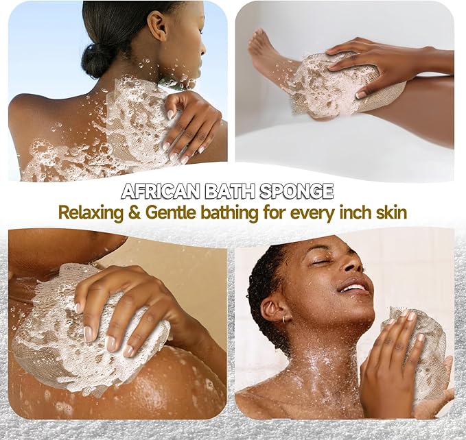 SubSahara Authentic African Net Sponge - 2 Pack Exfoliating Bath & Shower Loofah Sponge for Body & Face, Gentle Scrubber for All Skin Types, Travel, Durable (Linen & Brown)