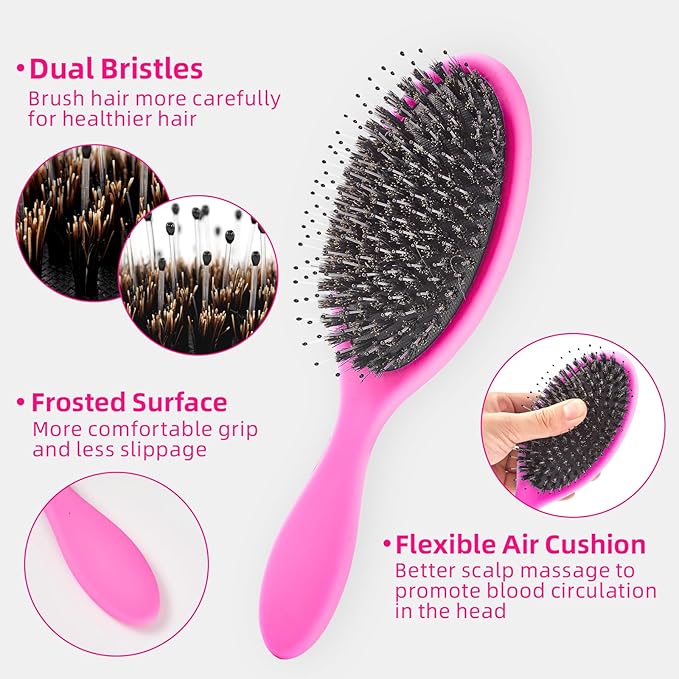 Boar Bristles Hair Brush for Women and Men, Detangling Hair Brush for Smoothing Massage Add Shine, Nylon&Boar Bristles Detangler brush for Hair Healthy (1 Pack-HotPink)