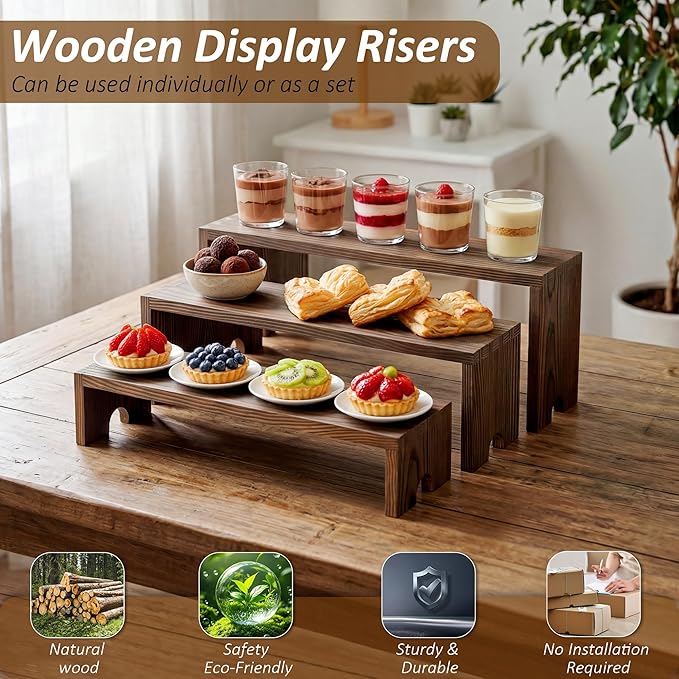 2 Set Wooden Cupcake Stand for Decor, 4 Tiered Stackable Display Risers, Farmhouse Decor Wood Dessert Table Display Set for Party, Vendor Events, Dark Brown