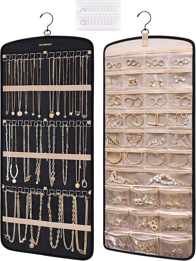 BAGSMART Hanging Jewelry Organizer, Necklace Holder Anti-tangle Earrings Rings Hanger with 20 Jewelry Bags Travel Storage Roll with Pockets Hang on Closet, Wall, Door,1 Piece, Large, Black