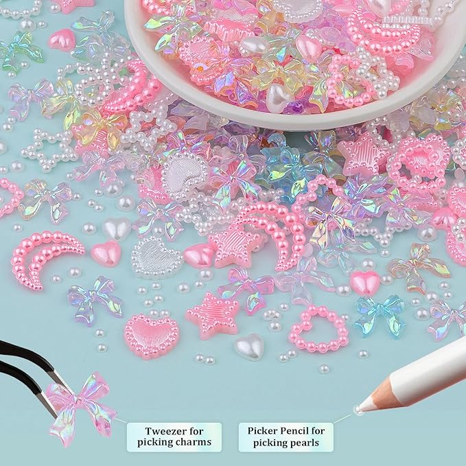 600 Pcs 3D Nail Charms and Flatback Pearls #10, 6 Colors Bow + Pink&White Star Heart Moon Cute Charms + 2-6mm White Pearls for Nail Art Design with Nail Charm Glue(UV Needed) and Pickup Tools