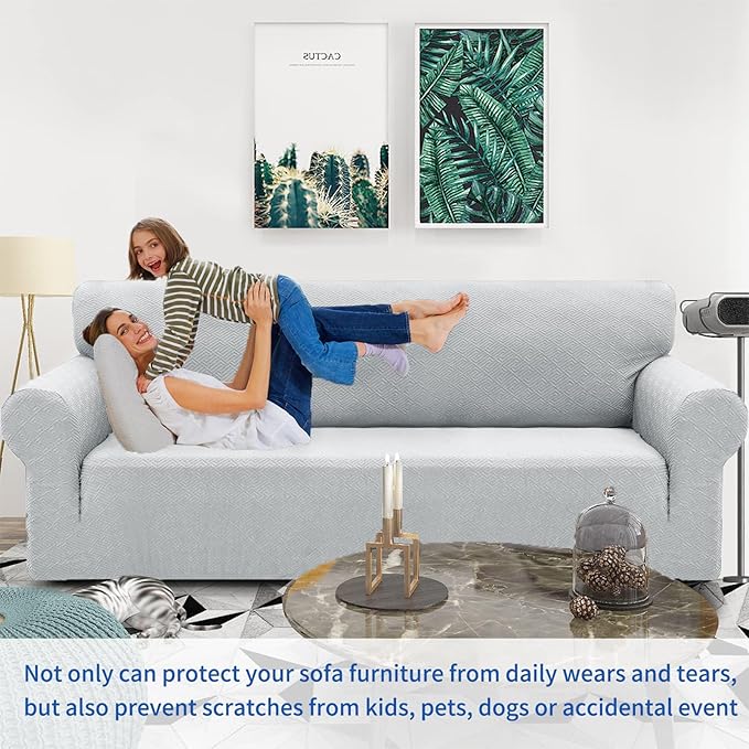 ZNSAYOTX 1 Piece Jacquard Couch Covers for 2 Cushion Couch High Stretch Loveseat Slipcover for Pets Dogs Anti Slip Love Seat Sofa Slipcover Furniture Protector (Medium, New Pattern Silver Grey)