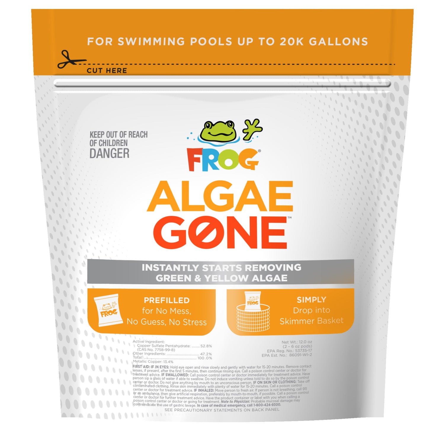 FROG Algae Gone - Dry Formula Algaecide Removes Green and Yellow Algae for In-Ground & Above-Ground Pools up to 20,000 Gallons - Chemical Pool Maintenance & Treatment - 2 Pods