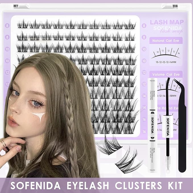 SOFENIDA Natural Lashes Cluster Manga Lash Clusters Kit 8-16mm Lash Extension Kit Eyelash Extension Wispy Lash Clusters Individual Lash Wispy Eyelashes Clusters with Lash Glue&Tweezers