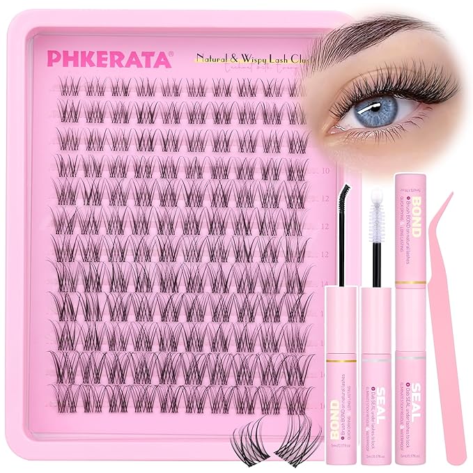 PHKERATA Invisible Band Lash Clusters Kit Wispy Lash Extension Kit Natural Eyelash Clusters DIY Cluster Eyelash Extension Kit Individual Lashes with Lash Glue Bond and Seal Tweezers, 8-16 mm