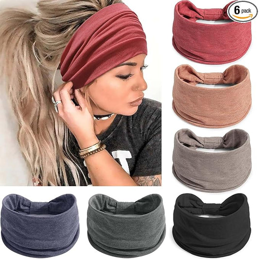 Awumbuk Wide Headbands for Women Knotted No Slip Head Bands Soft Turban Headband Hair Accessories Boho African Solid Color Head Wraps for Women Yoga Workout Pack of 6