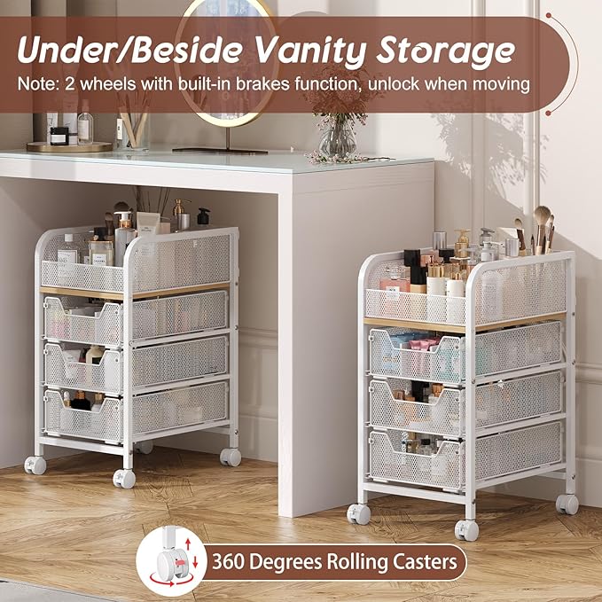 Hongtamoya Rolling Makeup Cart Organizer with 3 Drawers, Narrow Floor Skincare Organizers, Cosmetics Display Cases Vanity Organizer for Skin Care Nail Polish Perfume Makeup Brush, White