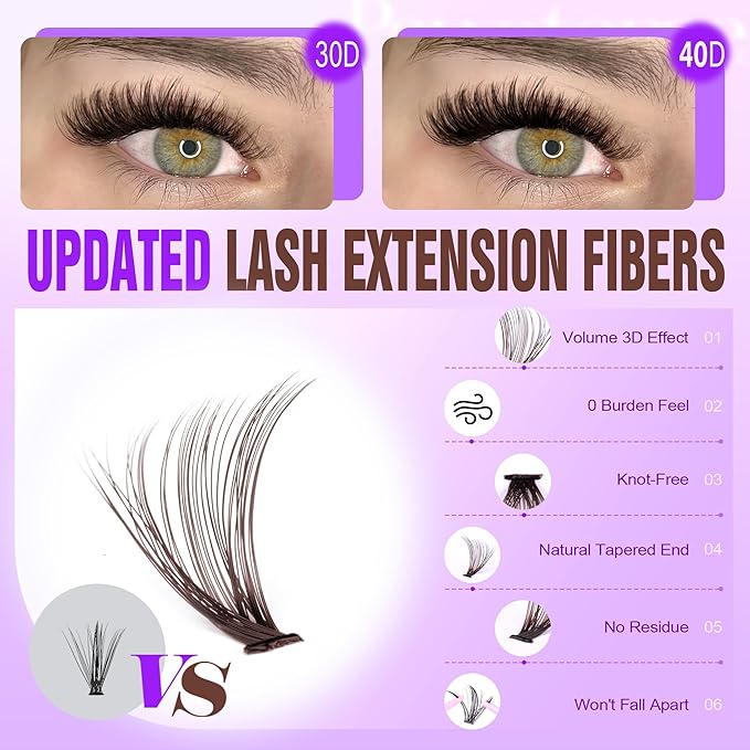 Pawotence Lash Extension Kit DIY 280pcs Brown Lash Clusters Eyelash Extension Kit 30D 40D 9-16mm Individual Lashes Kit with Lash Bond and Seal Lash Tweezers for Self Use (Brown 30D 40D, 9-16mm, Kit)