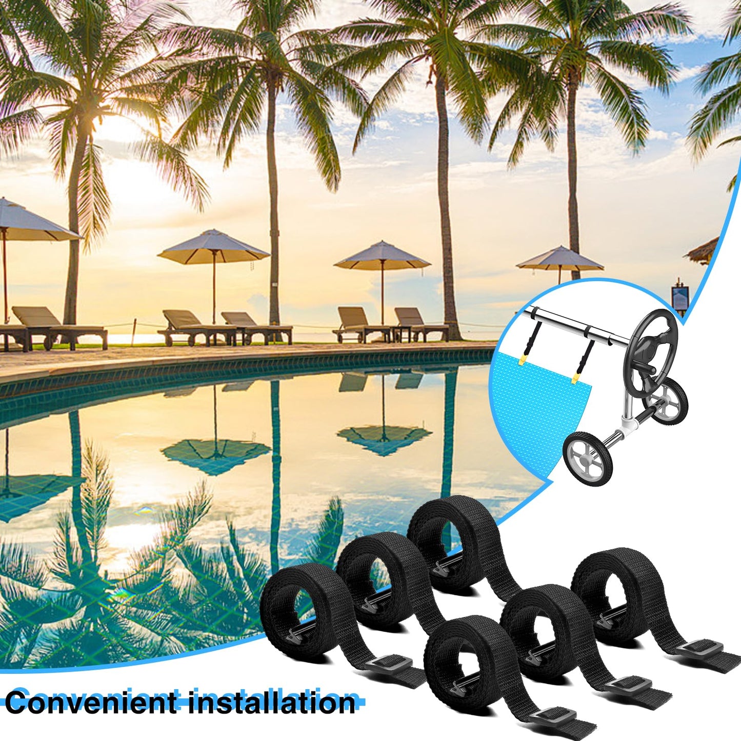 24 Pcs Pool Solar Cover Reel Attachment Kit, Solar Cover Reel Blanket Straps and Clips for Universal Inground Swimming Pool (Yellow, Straps)