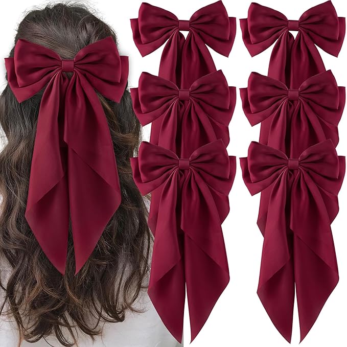6Pcs Large Bows Hair Clips for Women Girls Long Tail Hair Ribbon Silky Satin Barrettes Coquette Hair Bows Accessories (Dark Red)