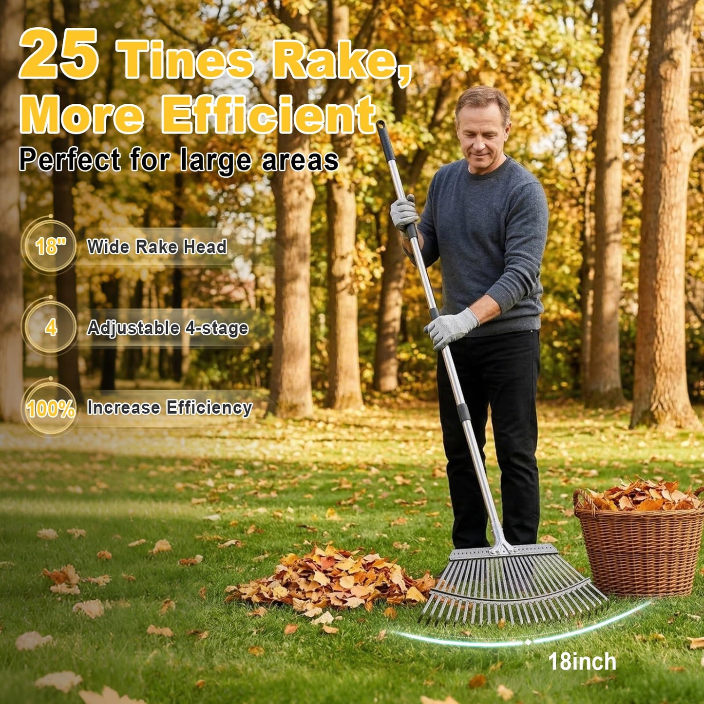 ARTIPOLY Adjustable Leaf Rake, 18-Inch Wide Heavy Duty Garden Rake with 62-Inch Long Handle, Large Metal Leaf Rake for Lawn Yard Grass, Flower Beds, Outdoor Use, Rastrillo para Jardin