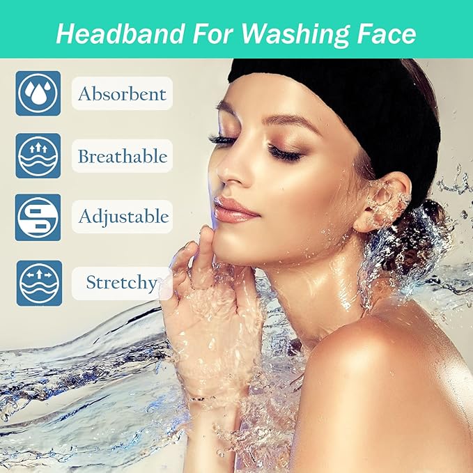 Microfiber Spa Headband 3-Pack, Soft Terry Cloth Headband for Washing Face, Facial Mask, Makeup, Shower, Yoga, Gift for Women and Teens (Black x3)