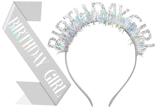 Birthday Headband with Sash for Women, Birthday Crwon Tiara for Decorations