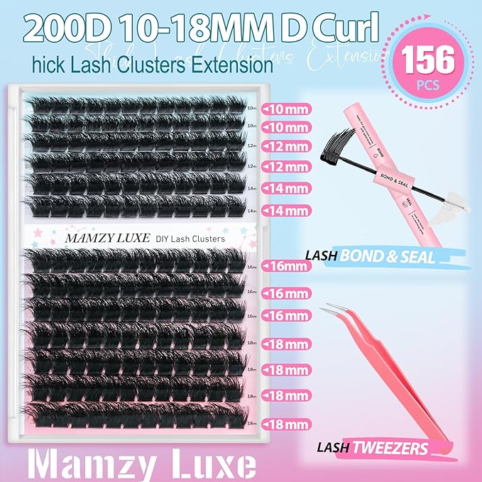 Thick Lash Clusters Kit 10-18MM 156Pcs Individual Lashes Clusters 200D Eyelash Clusters Kit Full Volume False Eyelashes Dramatic Luxury Cluster Eyelash Extension Kit by MAMZY LUXE