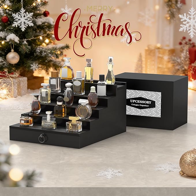 Cologne Organizer for Men, 5 Tier Black Wood Perfume Organizer with Felt Lining Drawer and Hidden Compartment, Perfume Display Holder, A Gift for Men