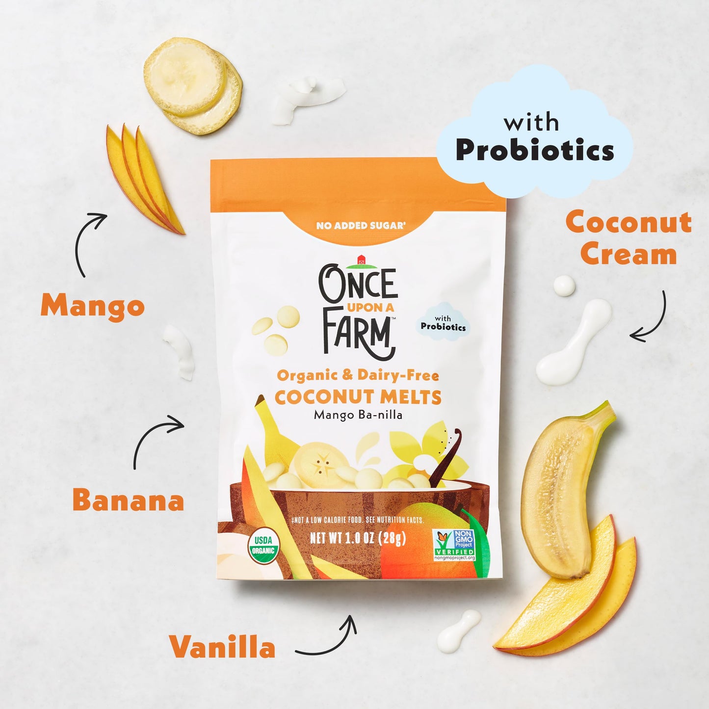 Once Upon A Farm Organic Coconut Melts with Probiotics, Mango Ba-nilla, Dairy Free, Non GMO, Kosher, 1 Ounces (Pack of 8)