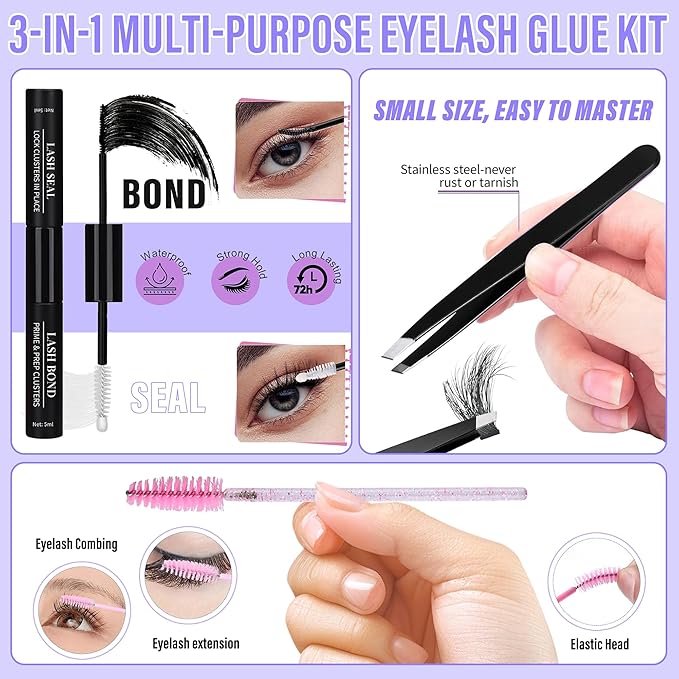 Lash Clusters Kit Gift Packs Fluffy 60D 80D Individual Lashes D Curl Cluster Eyelash Extensions DIY Lash Extension Kit 480Pcs with Lash Bond and Seal Waterproof, Lash Applicator, False Eyelashes Kit