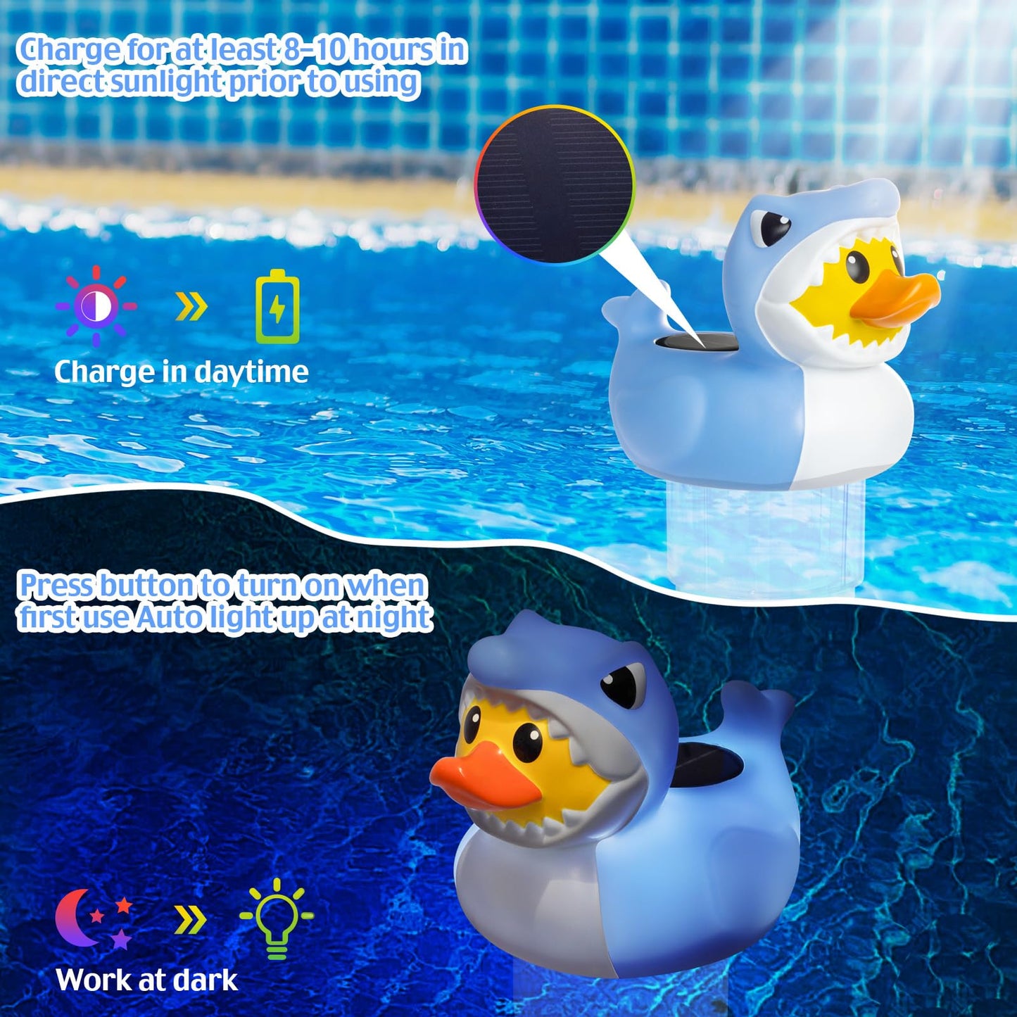 Doli Yearning Solar Pool Chlorine Floater for 3inch Tablets, Duck-Shark Chlorine Tablet Floater with Light, Auto Light up at Night for Pool, Hot Tub