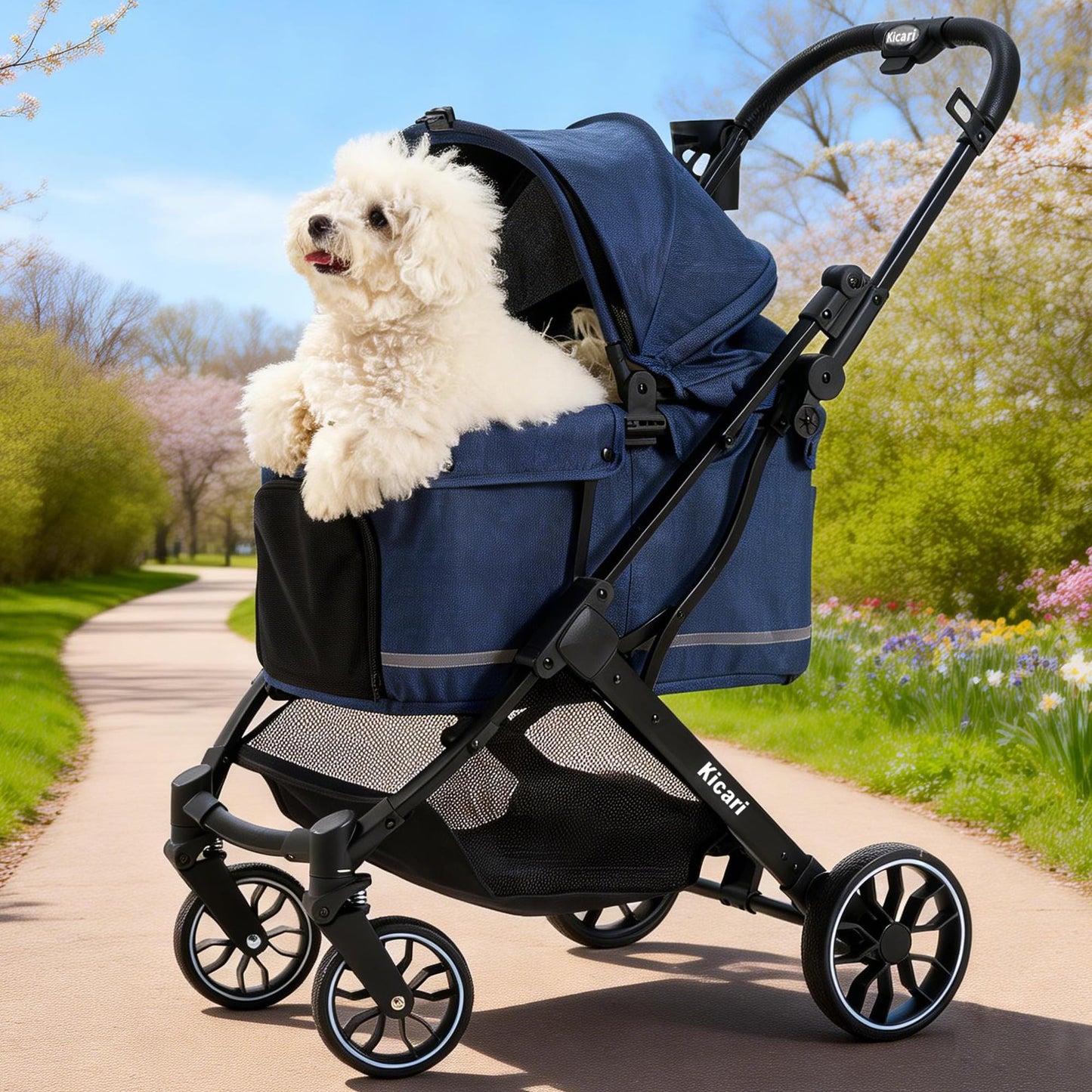 Kicari All-Terrain Dog Stroller for Small to Medium Dogs, Pet Stroller for Dogs & Cats Outdoor Walks, One-Hand Easy Fold, Double-Layer Anti-UV & Waterproof Canopy & Breathable Mesh, Midnight Blue