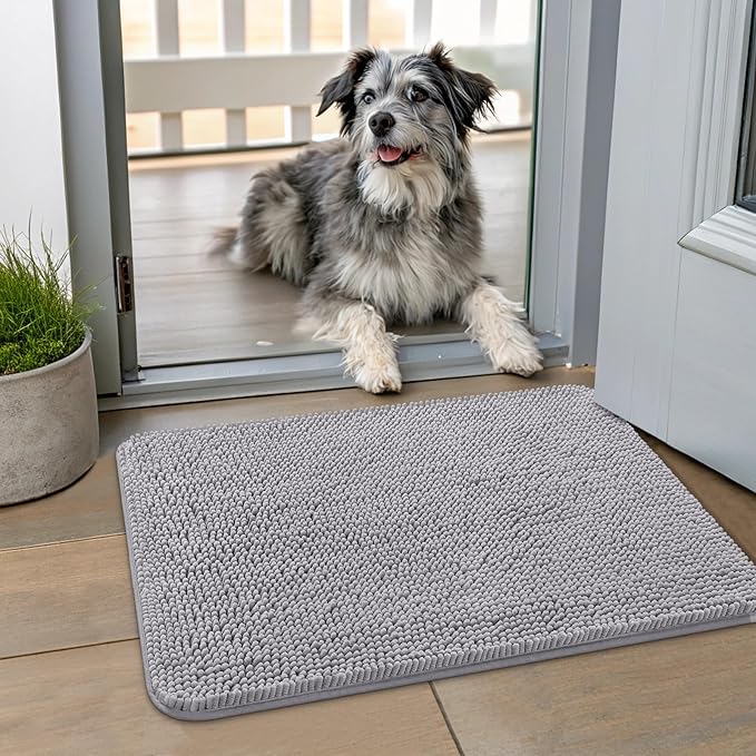 Smiry Dog Door Mat for Muddy Paws 24x16, Absorbs Moisture and Dirt Doormat, Non-Slip Washable Quick Dry Chenille Front Door Mat Indoor Entrance, Entryway Carpet for Inside Floor, Light Grey