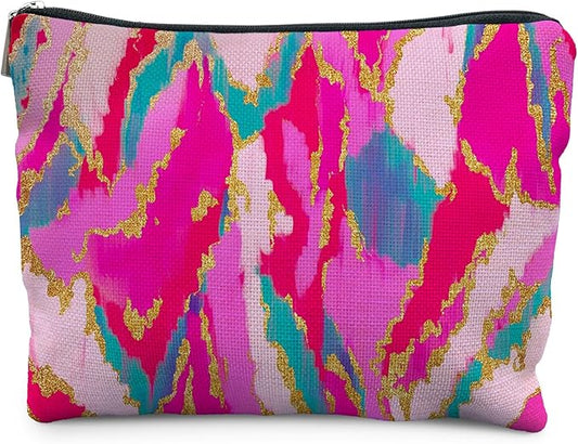 Hot Pink Teal Gold Marble Makeup Bag, Women's Cosmetic Case, Waterproof Linen Bag, Effortless Organization