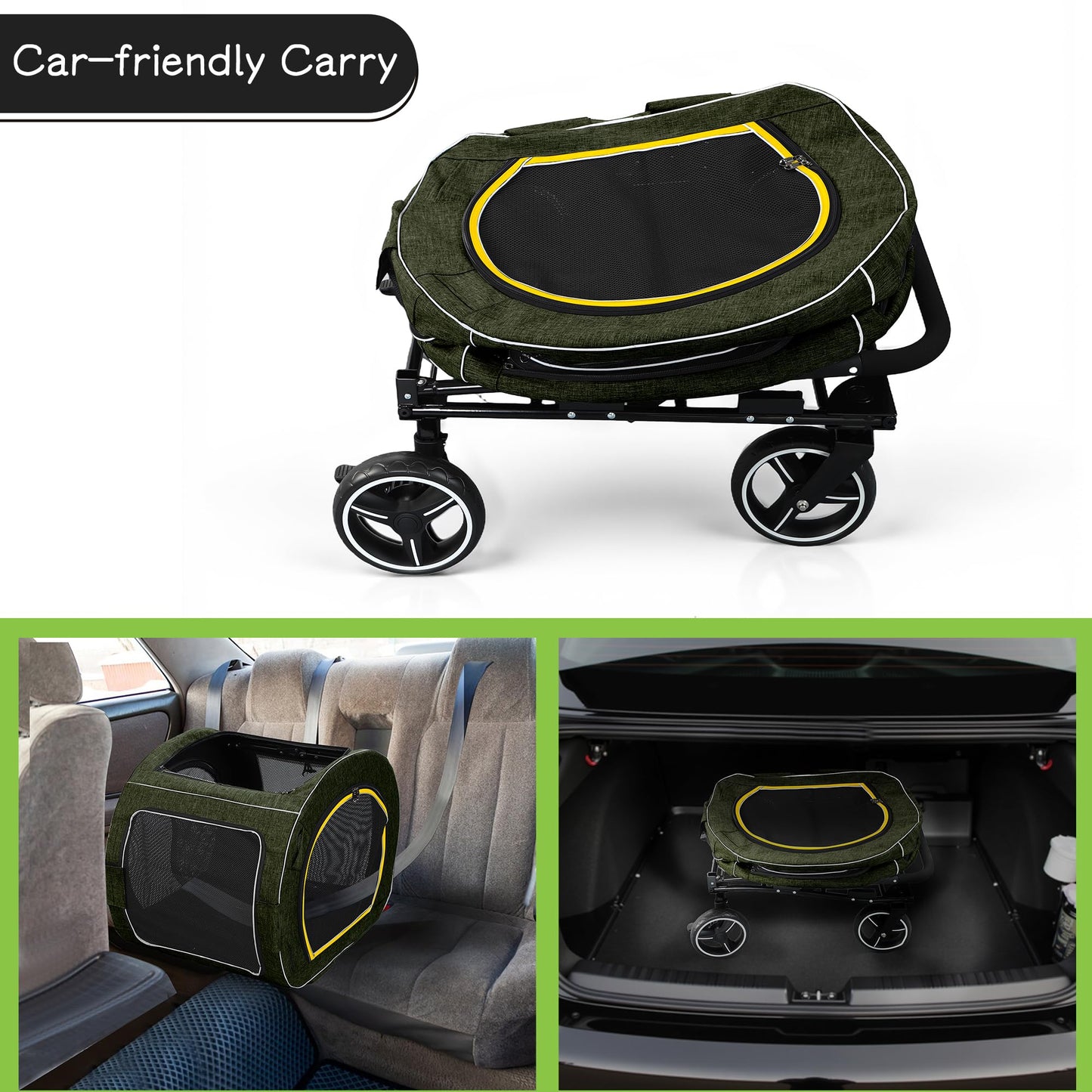 Saudism Pet Stroller for Dogs Cats up to 50 lbs, Foldable Dog Stroller with 360° Swivel Wheels, Detachable Carrier, Adjustable Handle, Travel Dog Stroller for Small Medium Large Pets, Green