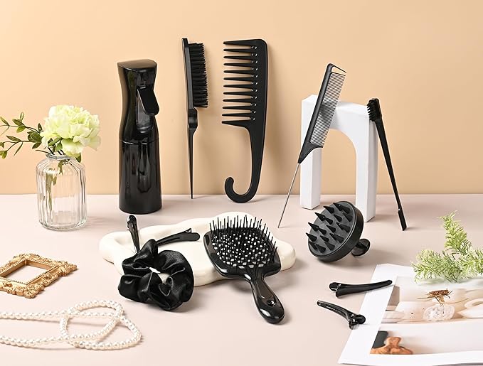 12 Pcs Hair Styling Brush Set with Detangler, Teasing, Rat Tail, Edge Brushes and Baby Hair Brushes - Soft Bristles for Baby Girls and Women (Black)