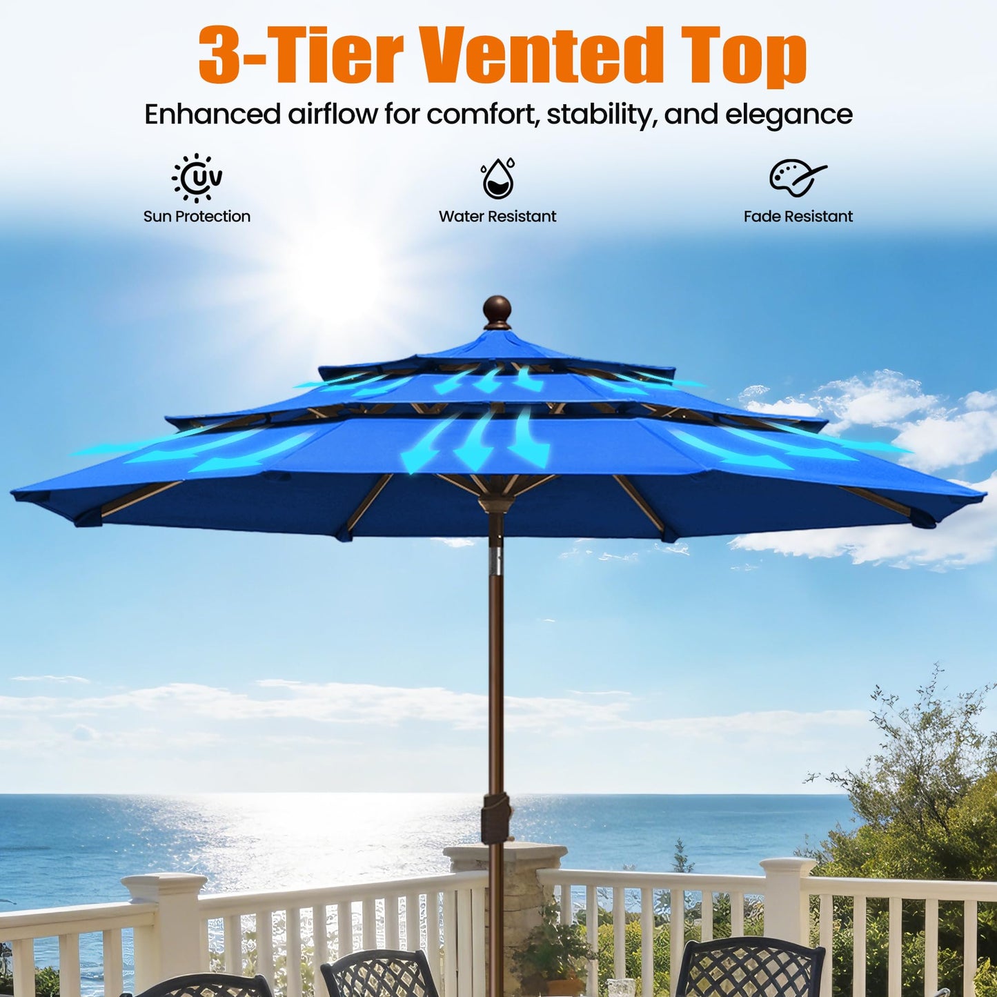 EliteShade USA 10-Year-Non-Fading 10ft 3-Tier Market Patio Umbrella, Commercial Grade Outdoor Table Umbrella with Crank Open, Windproof & UPF 50+ UV Protection, Heavy Duty Ventilation for Garden, Deck, Pool, Backyard, Beach & Bistro, Royal Blue
