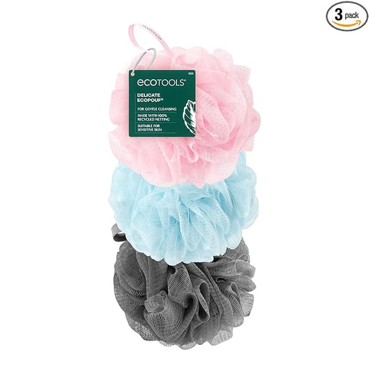 EcoTools EcoPouf 3 Pack Bath Sponge Set, Soft Recycled Netting Shower Poufs for Gentle Exfoliating & Daily Body Cleansing, Rich Lather Bath Sponges, Vegan & Cruelty-Free