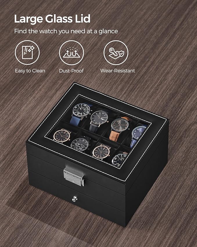SONGMICS Watch Box, 8-Slot Watch Case Organizer with Large Glass Lid, 2 Layers, Removable Pillows, Metal Lock, Gift for Loved Ones, Black Synthetic Leather, Black Lining UJWB080B01