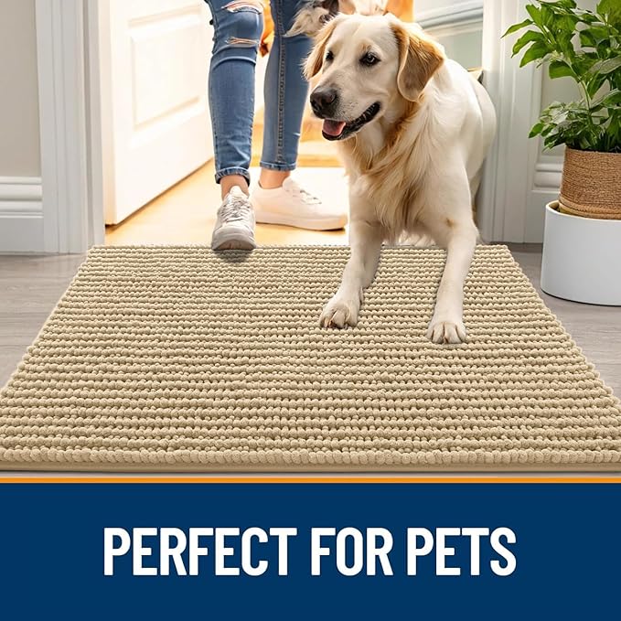 OLANLY Dog Door Mat for Muddy Paws 59x35, Ultra Absorbent Chenille Mud Doormat, Non-Slip Washable and Dirt Trapping Doormat for Indoor Entryway, Quick-Dry Indoor Pet Bed Mats for Dogs, Beige